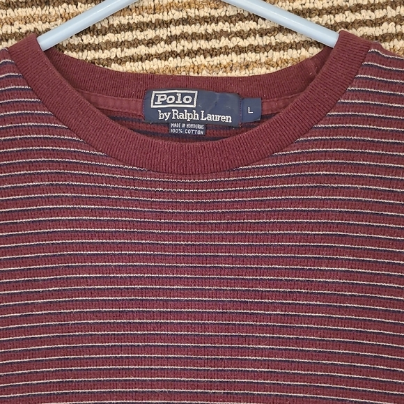 POLO Ralph Lauren Dark Burgundy Red Striped Cotton Sz L Short Sleeve T Shirt VTG - Picture 1 of 5